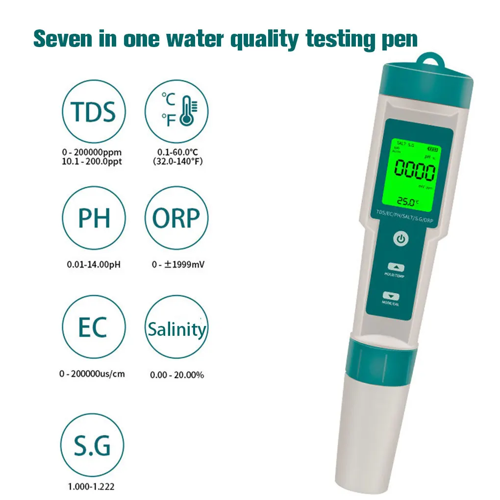 

COM-600 7 in 1 PH TDS EC ORP Salinity S.G Temp Meter Water Quality Monitor Tester IP67 for Drinking Water Aquariums PH Meter