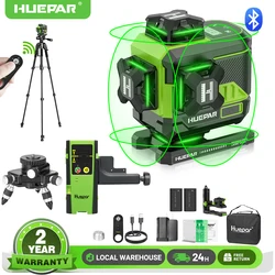 Huepar 4D 16 Lines Laser Level Z04CG Self-Leveling Cross Lines Green Laser Level Tool Set With Remote/Tripod/Detector&2 Battery