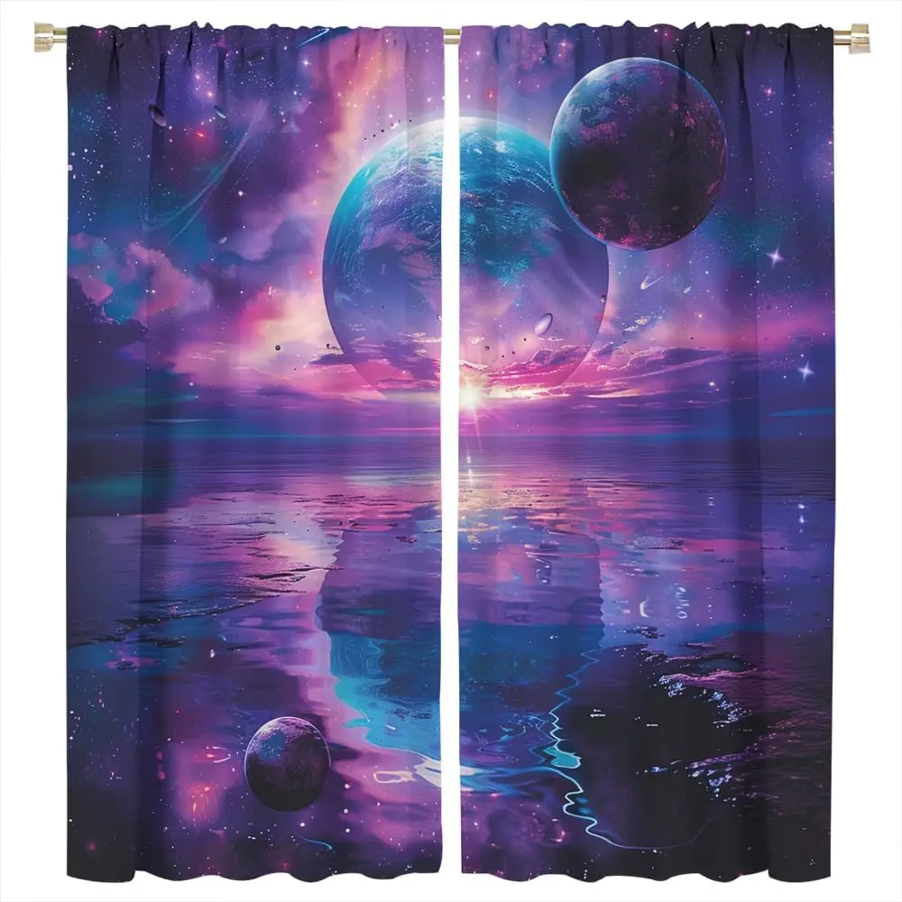 Fantasy Space Room Darkening Rod Pocket Curtain Abstract Universe Planet Beautiful Scenery Window Treatment Thermal Insulated