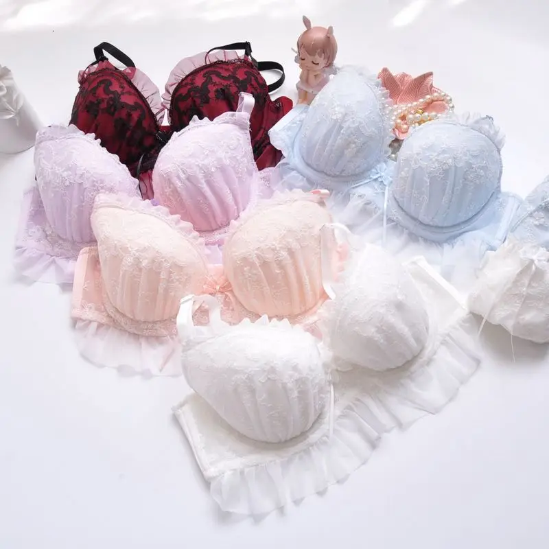 Japanese exquisite embroidery thin cup lingerie with panty girls students cute gathered sexy underwear bra set large size