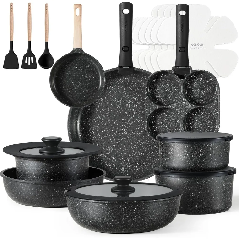 2025 NEW CAROTE 23pcs Pots and Pans Set Non Stick,Cookware Sets, Kitchen Set,Oven/Dishwasher/Fridge Safe,Space Saving Pots Set