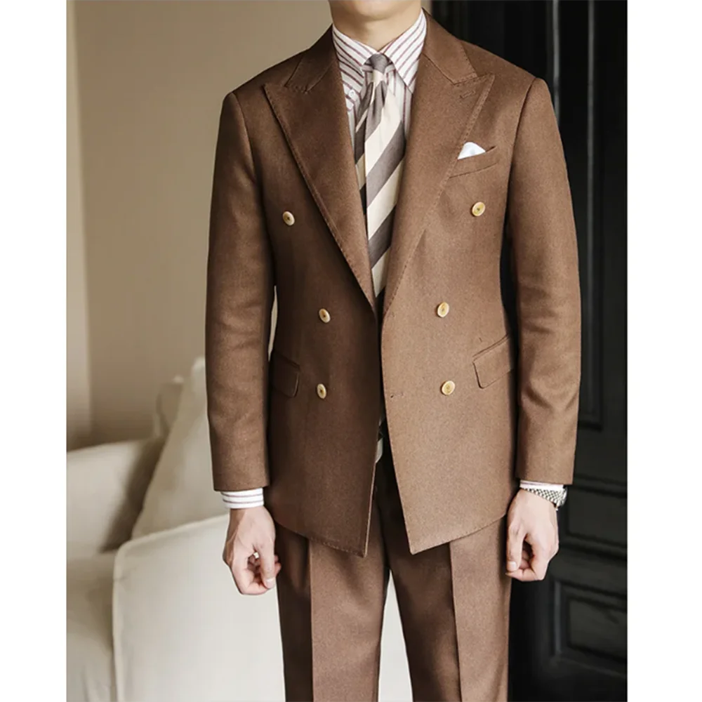 Elegant White Black Brown Suits for Men Double Breasted 2 Piece Jacket Pants Male Clothing Business Gentleman Blazers Sets