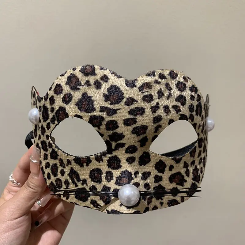 Women Masquerade Mask Leopard Pearl Cat Wildness Sexy Girls Date Halloween Christmas Carnival Mardi Gras Party Ball Accessories