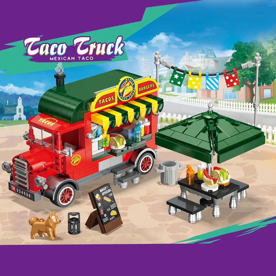 MOC Mexikanischer Taco-LKW-Bausteine, Erlebnis, Straßenverkauf, DIY-Desktop-Dekoration, Geschenk für Teenager, Erwachsene, Weihnachten, Geburtstag