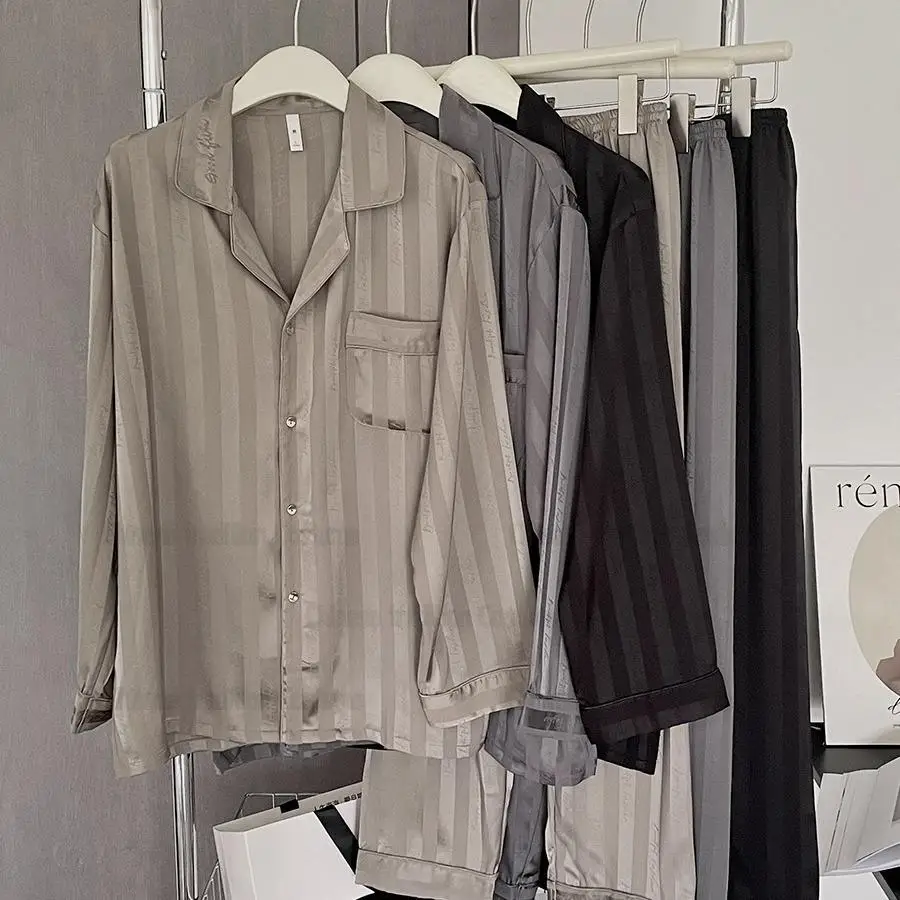 

Men Luxury Jacquard Striped Nightwear Man Sain Pijamas De Hombre Long Sleeve Shirt Pants 2Pcs Pijamas Home Clothes Loungewear