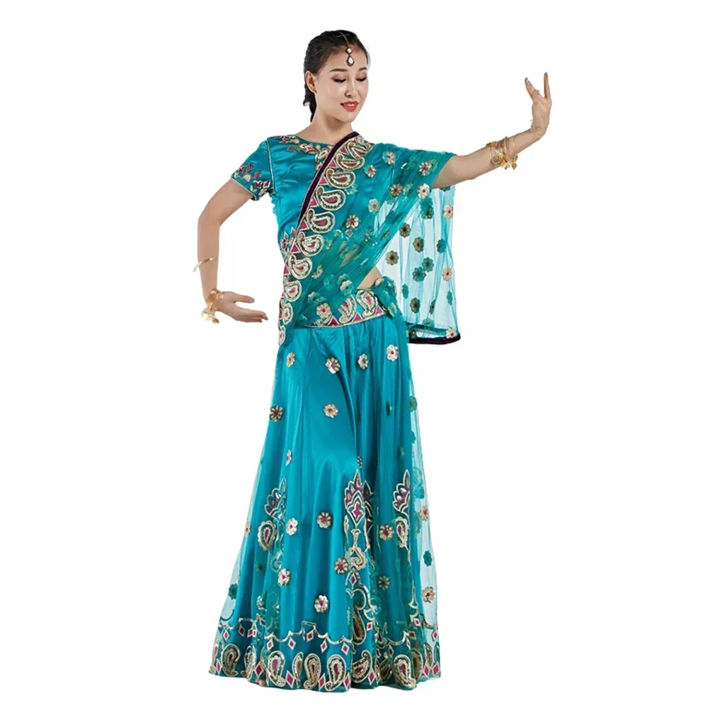 

Belly Dance Wear Performance Belly Dance Clothes Indian Dance Embroidered Bollywood Costume 3pcs Set (Top, Skirt & Sari)