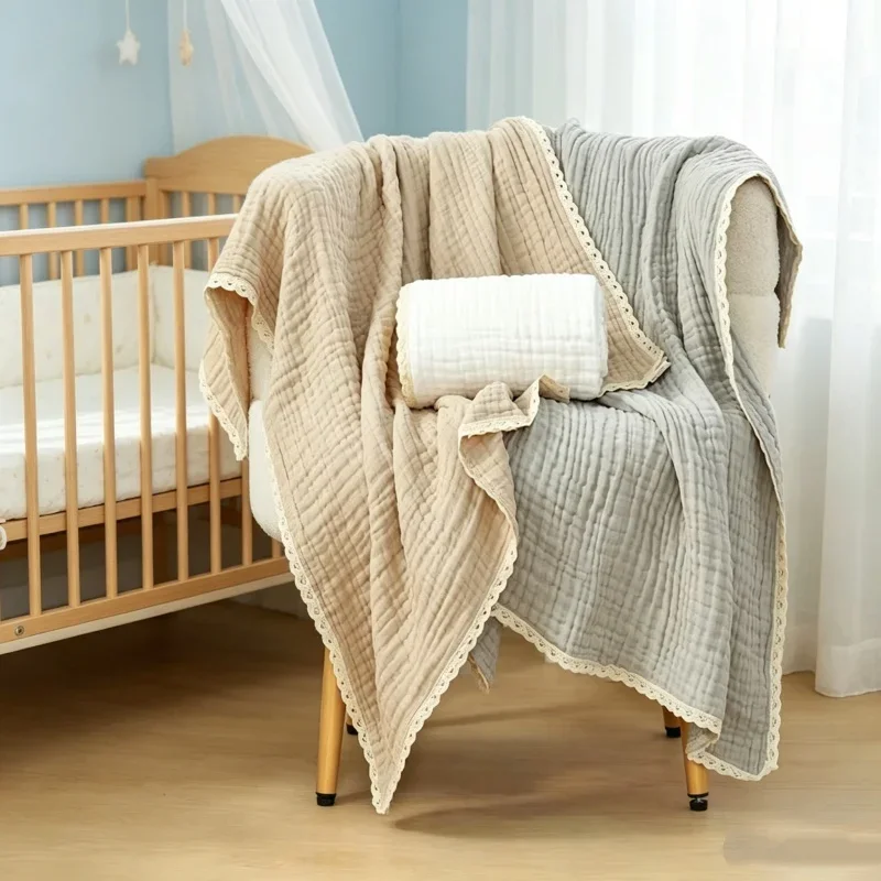 6 Layer Cotton Baby Blanket Soft Muslin Swaddle Wrap Baby Bath Towel Lace Design Infant Receiving Blanket Home Bedding Supplies