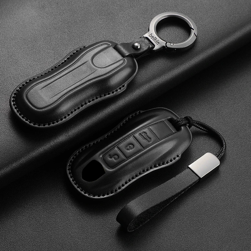 

Leather Car Key Case Cover Shell for Porsche 958 Macan 911 Panamera 996 991 Boxster 718 Cayenne Holder Keychain Accessories