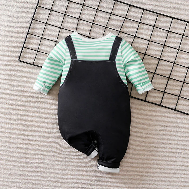 Newborn Baby Romper Long Sleeve Green Stripe Raccoon Print Fake Two-Piece Overalls Jumpsuit Infant Boys Casual Onesie
