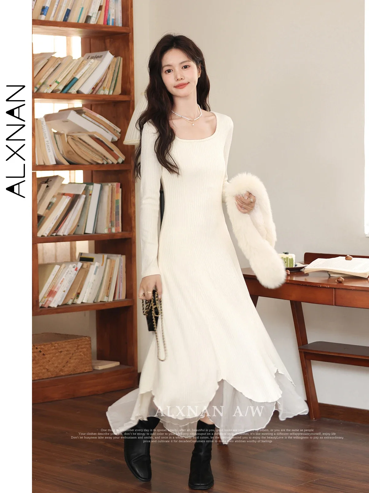 

ALXNAN Off-white Long Knitted Dress Woman 2024 Autumn Winter Gentle Square Collar Long Sleeve A-line Knit Maxi Dresses LXN32838