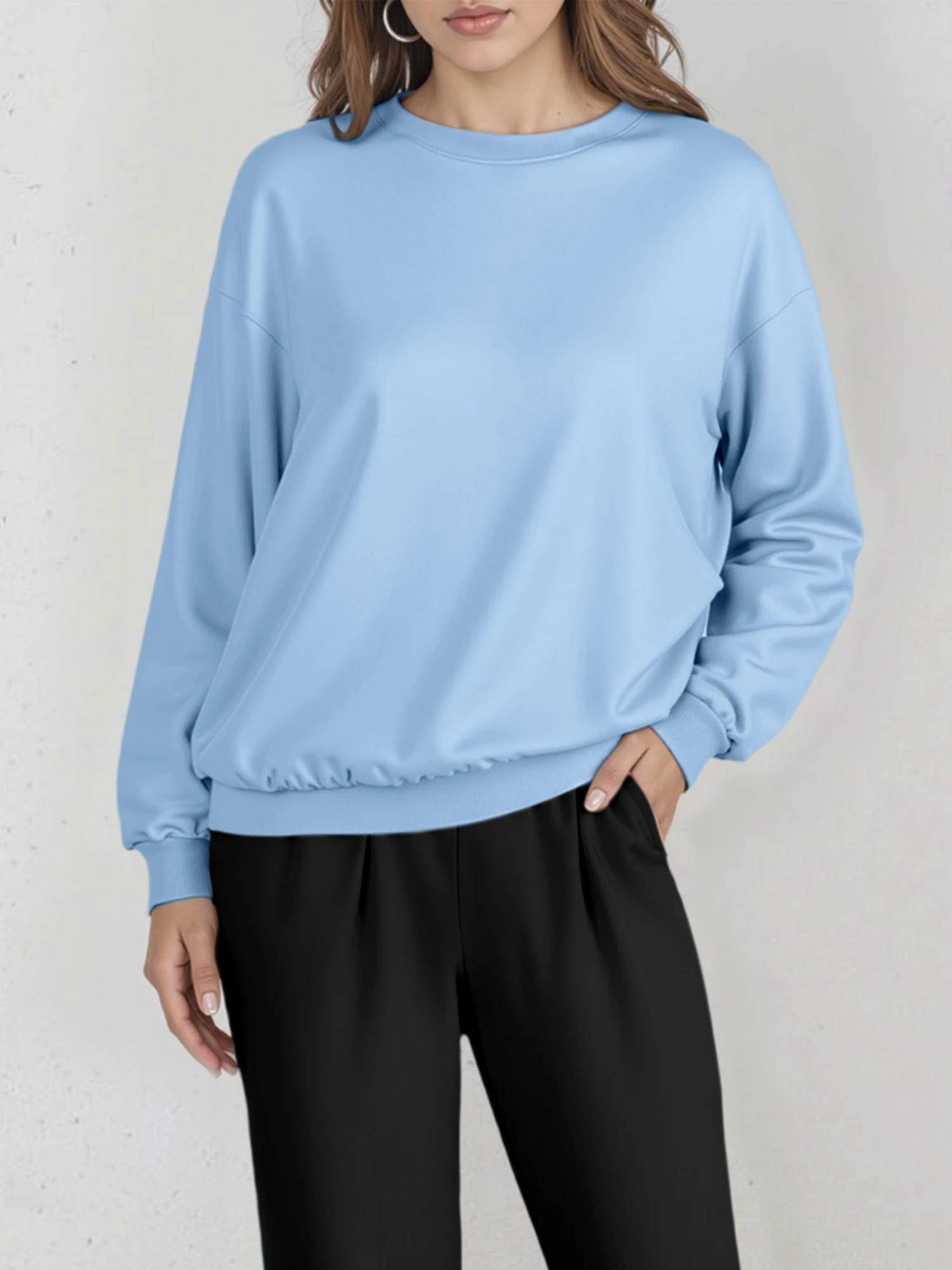 

Женская серая толстовка с круглым вырезом большого размера — свободный топ с длинными рукавами для повседневной повседневной носки и удобной одежды для дома