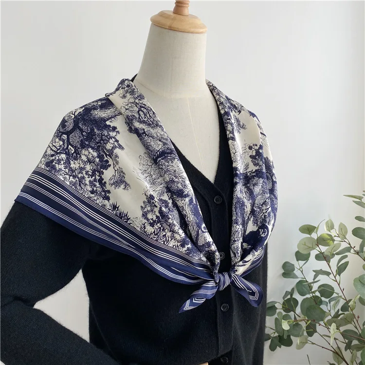 OMEA 100% Real Silk Satin 14mm Large Square Scarf 90cm Navy Blue Jungle Luxury Accessories Hijab Handroll Headband Free Shipping