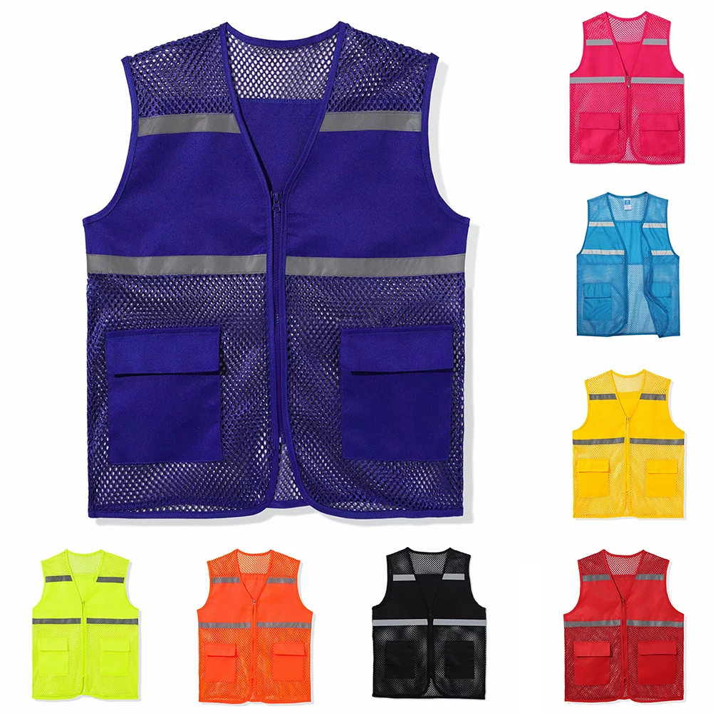 Men Women Daily Workwear Mesh Vest Breathable Reflective Strip Printed Casual Volunteer Waistcoat Clothing