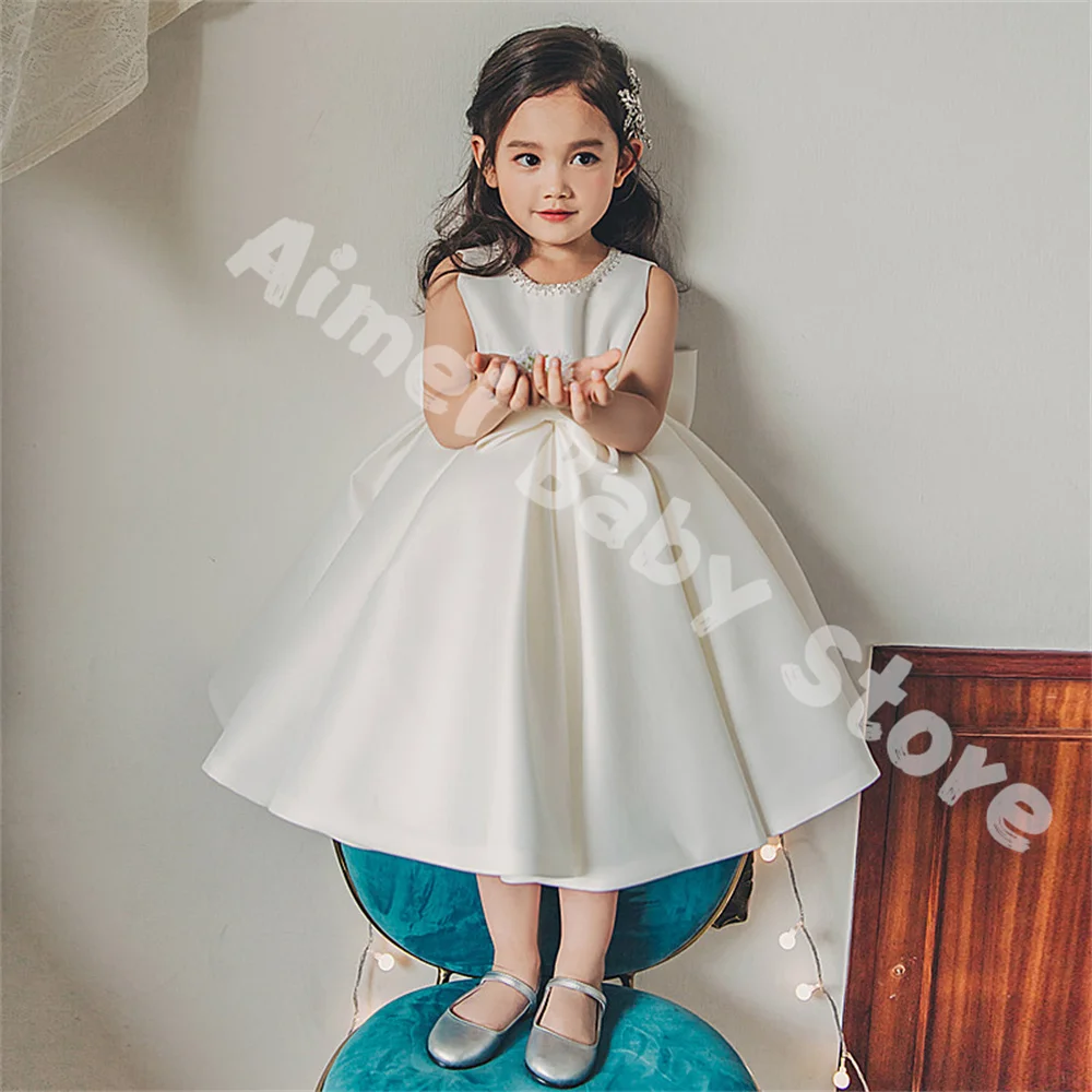 Flower Girl Dresses First Communion Dress White Sleeveless For Weddings Bow Tulle Party Little Girls Pageant Princess Dress