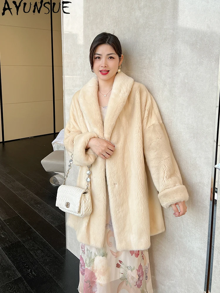 AYUNSUE Natural Velvet Mink Fur Coat Woman Shawl Collar Mid Length Real Fur Coat Woman Clothing Whole Mink Winter Шуба Женская