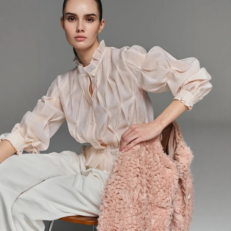 

Элегантное женское платье-рубашка в корейском стиле с воротником-стойкой, модное, с плиссировкой, универсальное, красивое, для повседневной носки