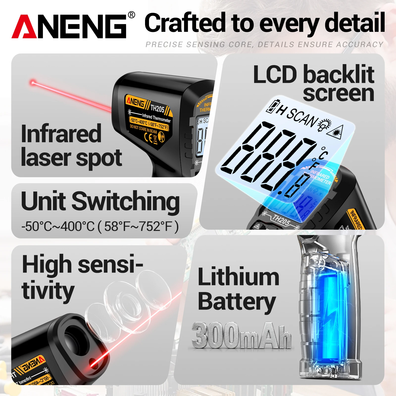 ANENG TH205 Digital Infrared Thermometer Non-contact Temp Gun -50℃~400℃ Laser 12:1 Backlight Rechargeable Industrial Pyrometer