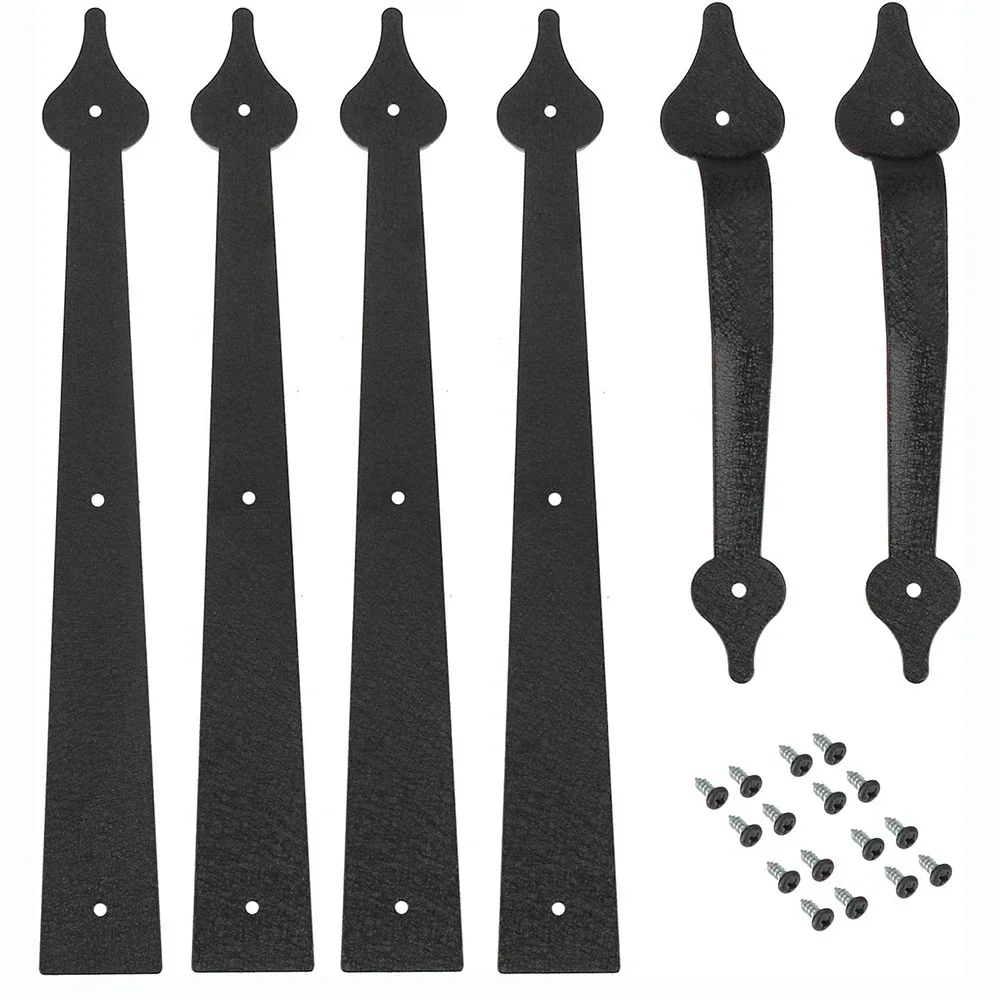 

Metal Gate Door House Hinge Handle Set Decorative Garage Door Carriage Accents Door Hardware Black 2 Handles 4 Hinges