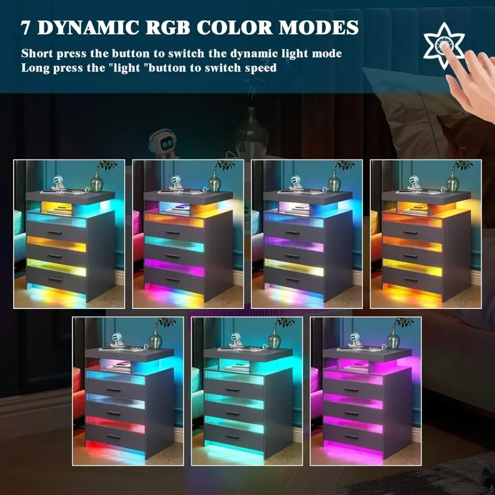 Nightstands Set of 2 with USB/Type-C/Wireless Charging Station Smart Night Stand with 3 Drawers LED Nightstand image 6