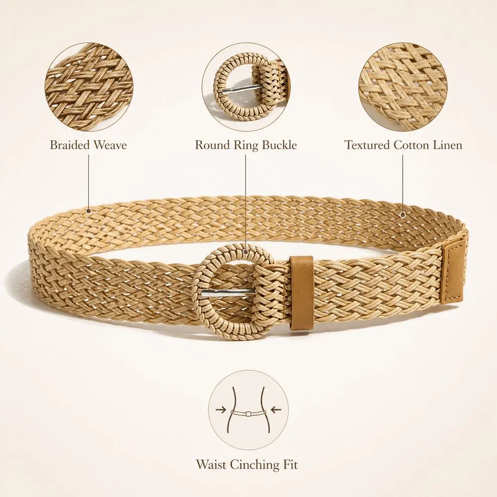 Adjustable Fit Woven Waist Belt Vintage Style Ethnic Style Women Waist Belt Round Ring Buckle Belts for Dresses Daily Outfits