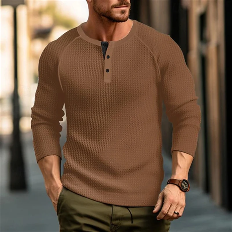New Fall Men's Long-Sleeve T-Shirts Solid-Color Long-Sleeve Henley Shirts Streetwear T-Shirts Loose-Fit Button-Down Men's Shirts