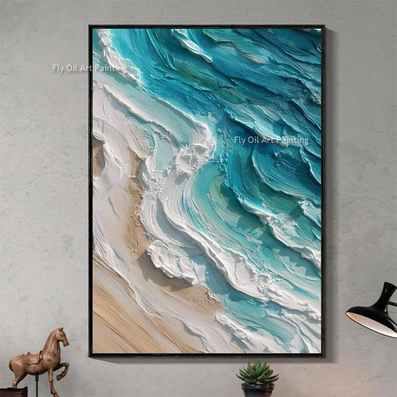Modern Blue White Ocean Wave Beige Beaches Oil Painting Hand Drawn Knife Thick Seascape Wall Art Decor Items For Room Hall