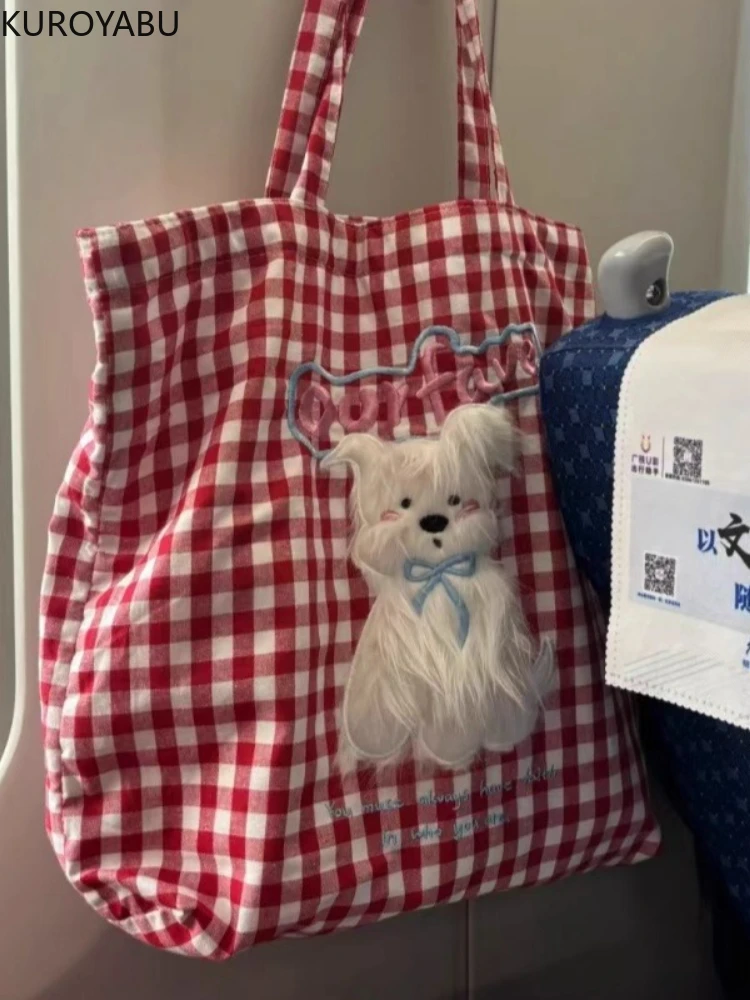 

Casual Plaid Cat Embroidery Women's Handbags Chic Women Shopping Bag Large Capacity Ladies Tote Handbags Girls Shoulder Bags