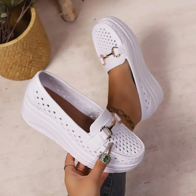 Soft Thick Bottom Height Increase White Loafers Women 2026 Summer Hollow Out Wedge Heel Pumps Women's Comfortable Nursing Shoes