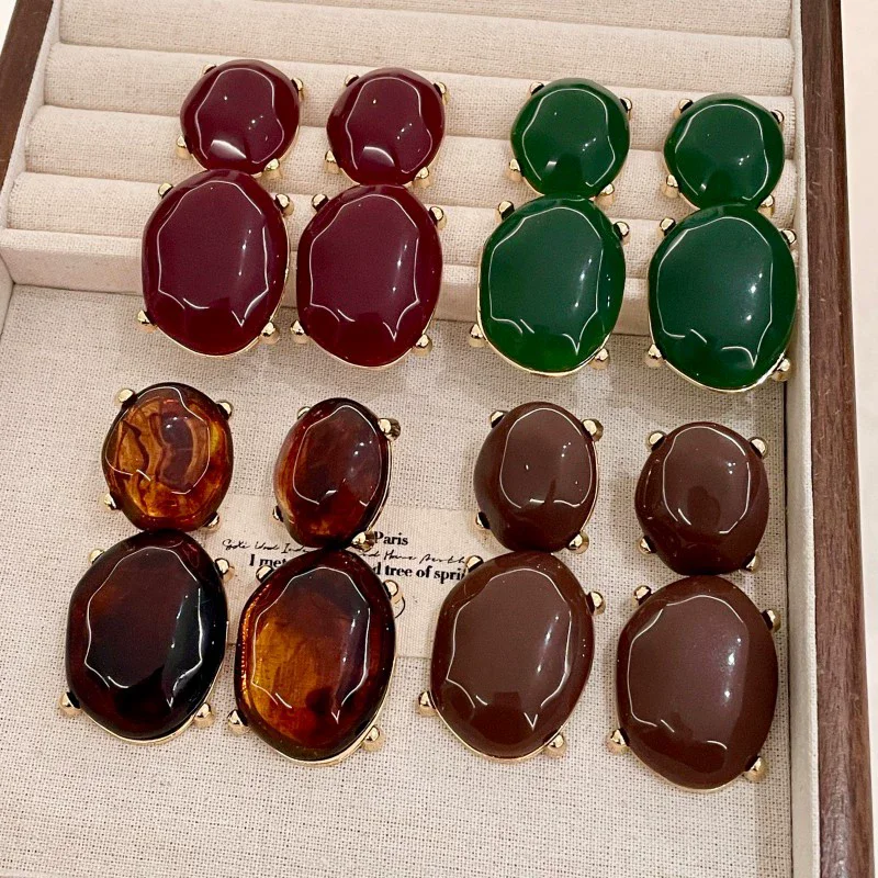 

Kshmir Vintage Colorful Geometric Oval Resin Drop Earrings for Women European American Personality Unique Jewelry Accessory