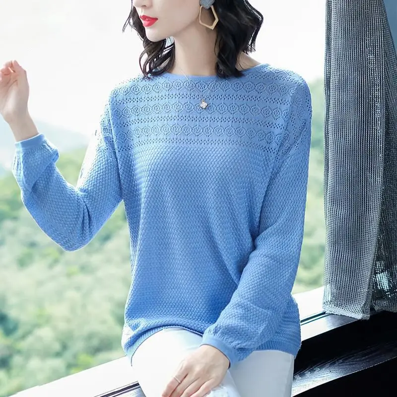 Women\'s 2024 Spring and Autumn New Spliced Pullover O-Neck Fashion Solid Color Minimalist Casual Loose Long Sleeve Knitted Top