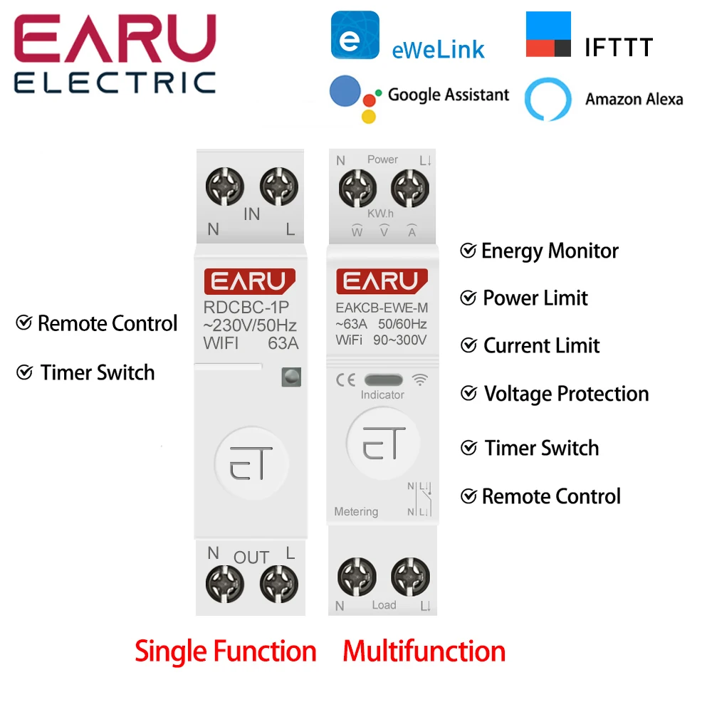 

eWeLink WiFi MCB Smart Circuit Breaker Over Current Over Voltage Protection Power Metering 1-63A Wireless Remote Control Switch