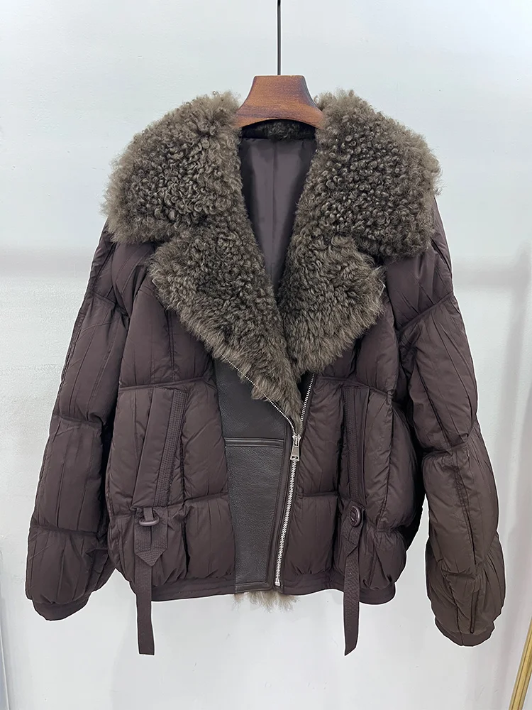Damskie kurtki puchowe z grubego puchu gęsiego z naturalnym kołnierzem z futra jagnięcego na zimę 2025, ciepłe, ocieplane, odzież wierzchnia.