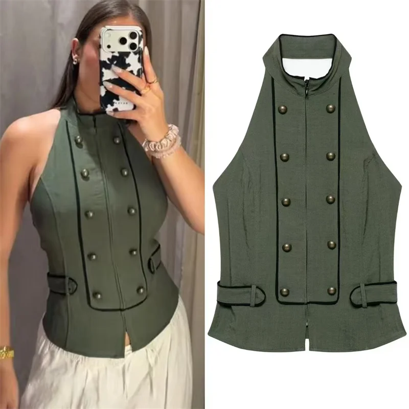 

Women's Top 2026 Summer New Military Green Halter Neck Slim Fit Button Decor Top Rider Style Fashionable
