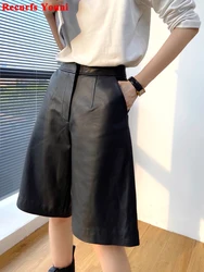 Bermuda Femme Vetement Harajuku Imported Genuine Leather Wide Leg Straight Pants Women Simple Loose Knee Long Black Trousers