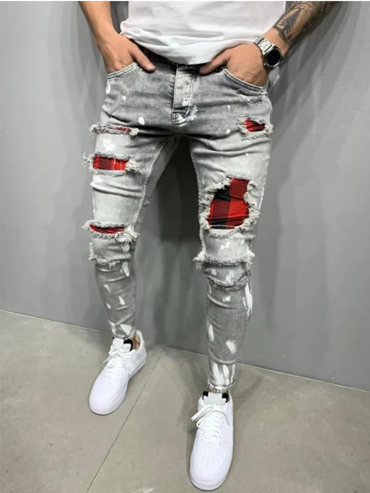 Distress Plaid Patch Holes Streetwear Ripped Skinny Jeans Men Biker Slim Elastic Denim Cargo Pants Y2K Pantalones Hombre Joggers