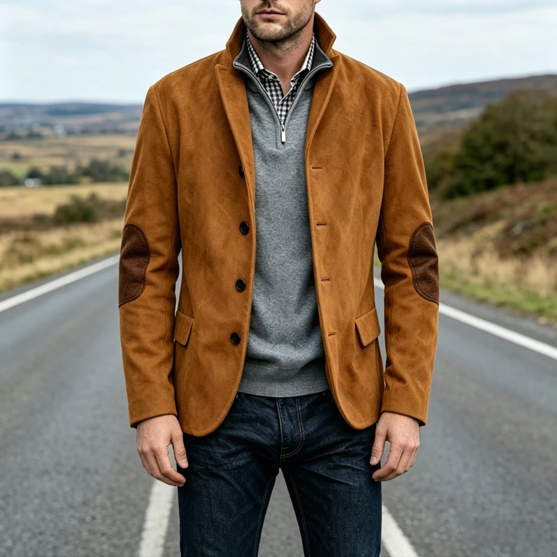 

Vintage Men's Suede Blazer Notch Lapel Elbow Patches Slim Fit Jacket Business Casual Men Fashion Outerwear for Spring Autumn