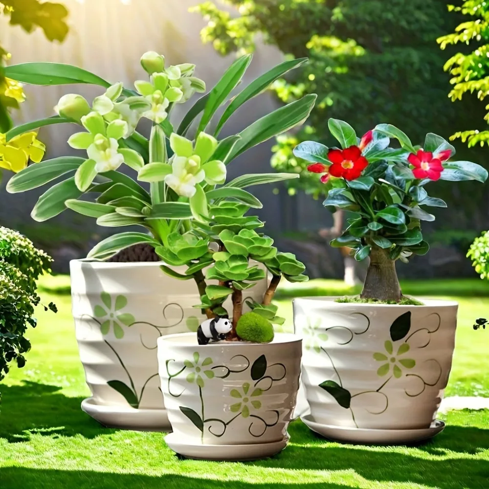 

3 PCS Ceramic Plant Pots Indoor Pots Set with Drainage Holes Modern Decorative Pots Outdoor Plants Lilies Cacti Succulents