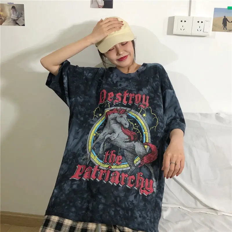 Summer Women T-shirt Tie Dyeing Short Sleeve tshirts goth Tops Casual Loose Tee Shirts Ladies Short Tee Clothes harajuku woman