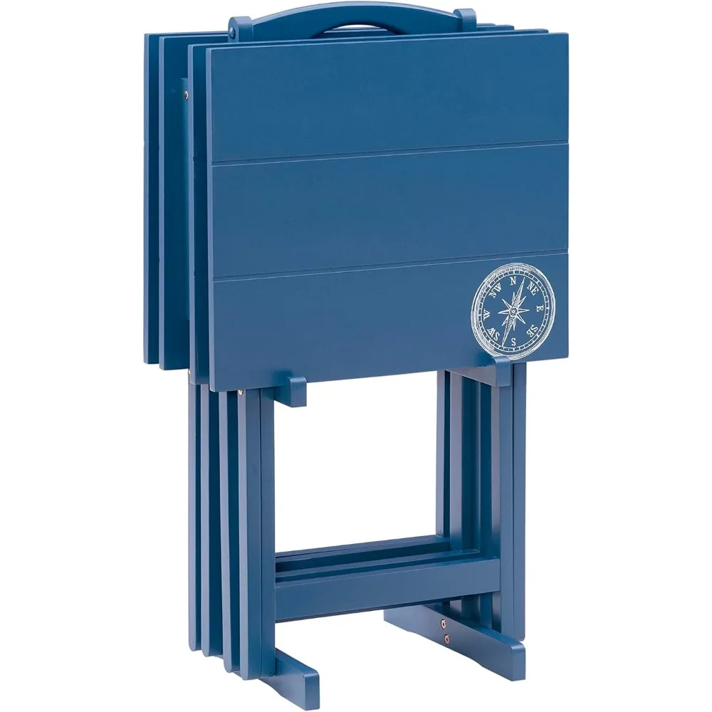 Navy Blue SAMM Trey Table Set with Compass Design, Featuring Four Tables and a Stand