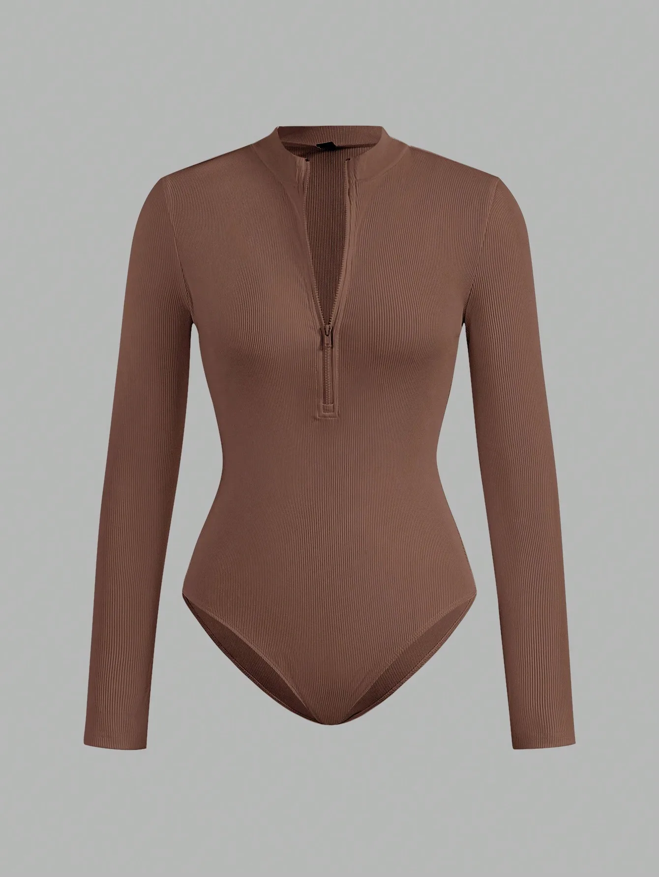 Damen-Body mit halbem Reißverschluss, Stehkragen, geripptem Strickmuster, langen Ärmeln, figurbetontem Schnitt, hoher Dehnbarkeit, einfarbig, lässig, für den Alltag und zum Ausgehen, eng anliegendes Jumpsuit-Oberteil. – Detail 4