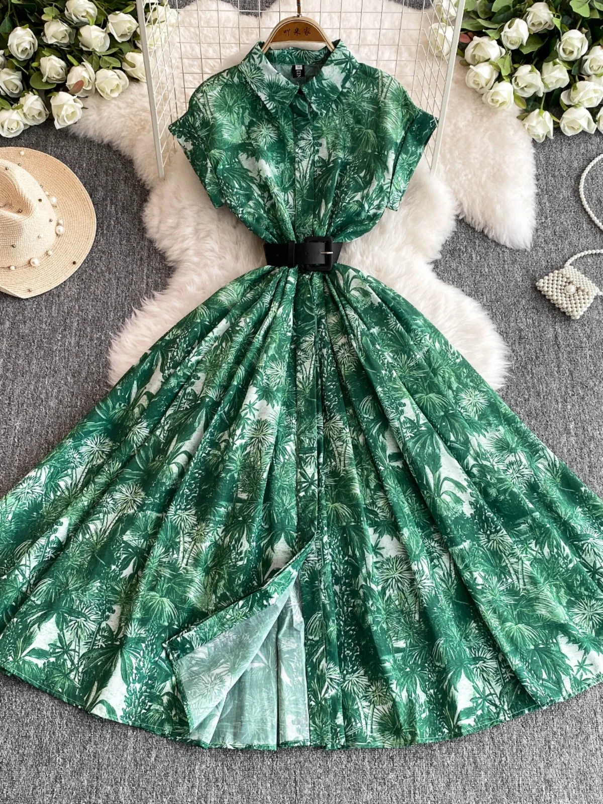 Ele Summer 2025 Stampa floreale Midi Dr Colletto rovesciato ort Sve Abito a trapezio a vita alta Gonna svasata vintage da donna