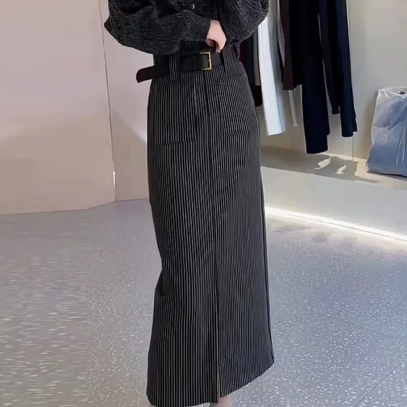 

New Autumn Office Lady Striped Skirt Women Fashion High Waist Slim Fit Elegant Split Midi Skirt Casual Pocket Long Straight Jupe