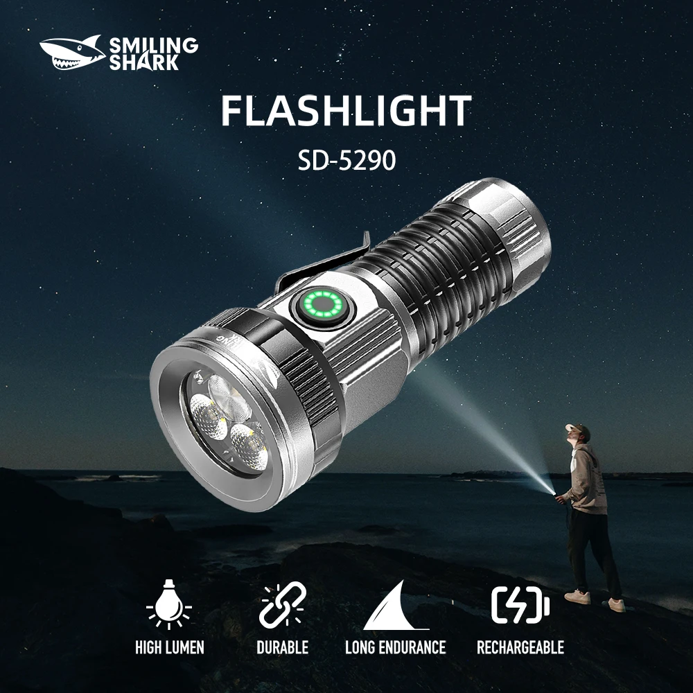 

1 шт. светодиодный фонарик Smiling Shark SD-5290, супер яркий ручной фонарик, долговечная перезаряжаемая вспышка для улицы