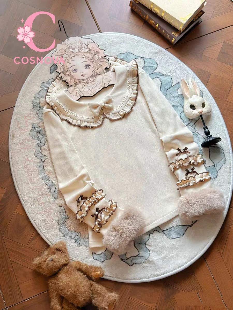 Süße japanische Lolita-Langarmbluse, Herbst-Winter-Puppenkragen, Samthemd, Spitzenbesatz, inneres Oberteil, passendes JSK-Outfit von Lolita