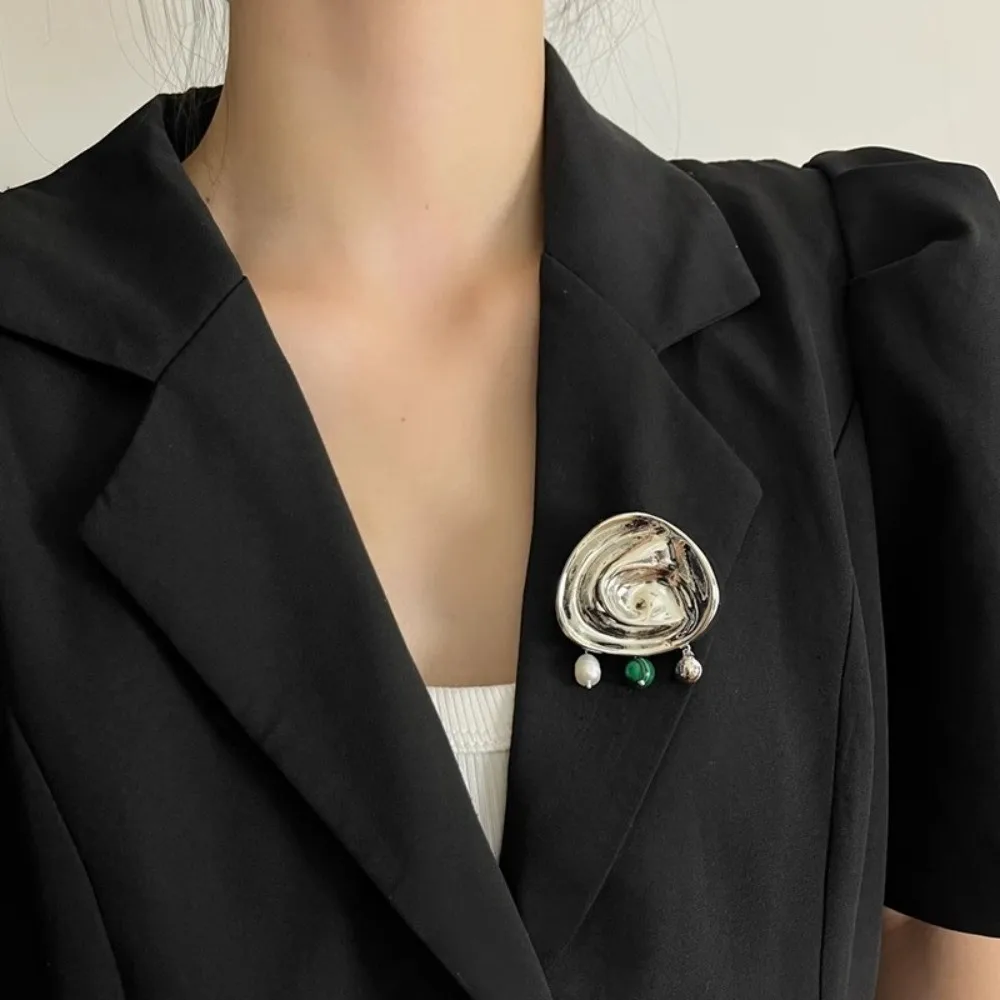 Vintage Jewelry Texture Brooch Korean Flower Ruffled Lapel Pin Beads Elegant Badge with Pendant Daily Wear