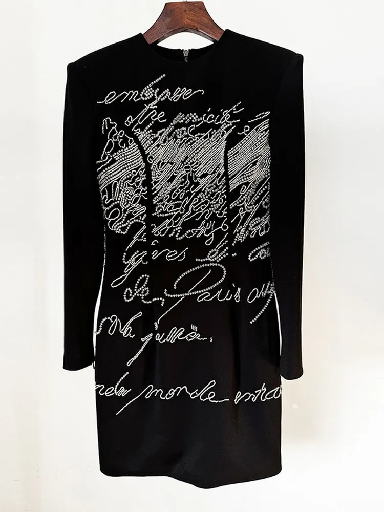 Heavy Embellied Long Sve Slim Fit Elastic Diamond Studded Commute Faion Dr Celebri High Street Sle Polyester Fa...