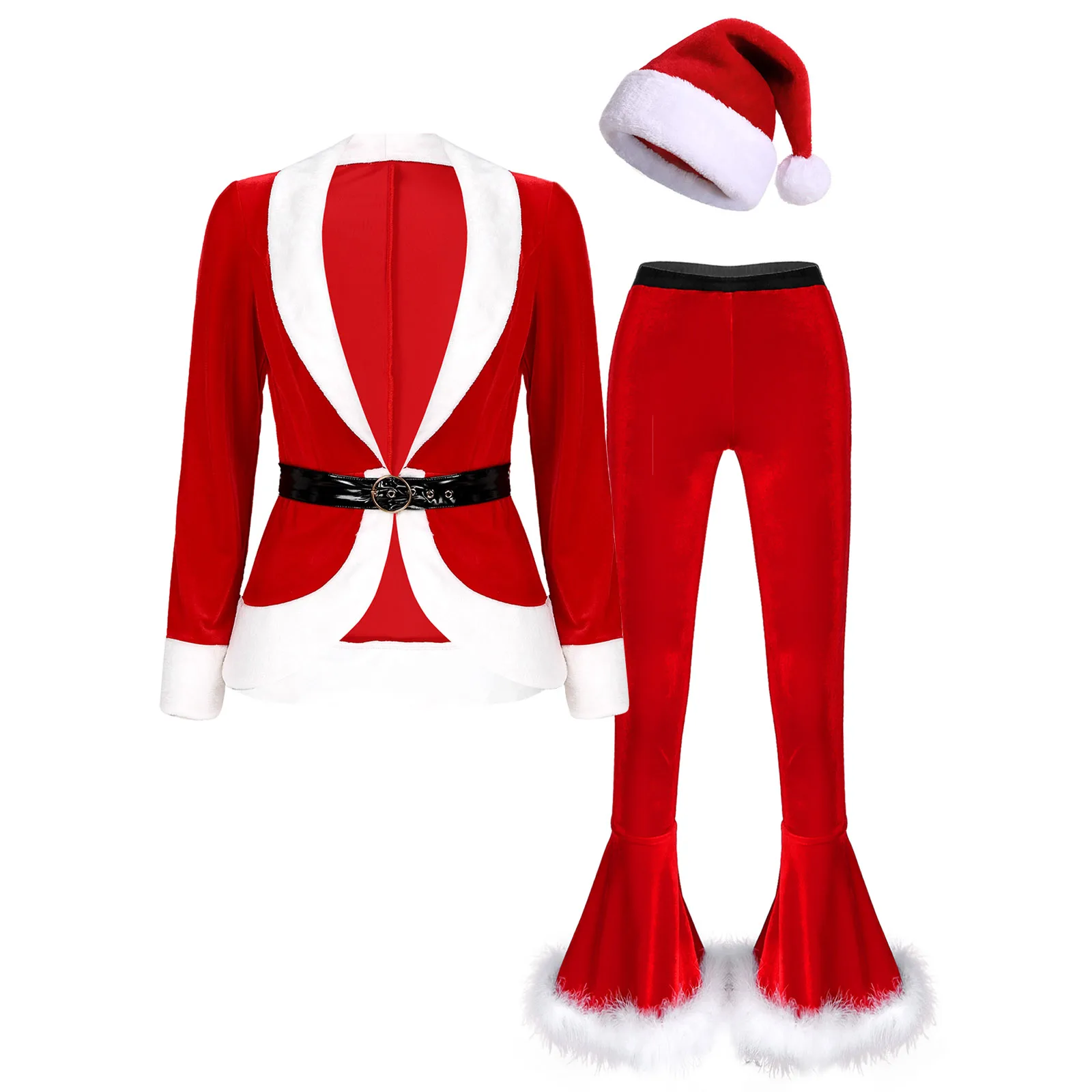 

Womens Christmas Costume Set Long Sleeve V Neck Coat with Elastic Flared Pants and Belt Hat for Cosplay Role Play Theme Party