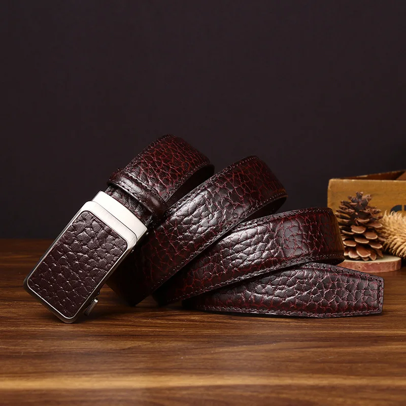 Men's First Layer Cowhide Ratchet Dress Belt Adjustable Automatic Alloy Buckle Business Style