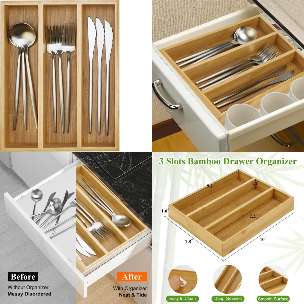 

Compact Silverware Drawer Organizer Bamboo Utensil Tray Set Storage Box for Kitchen Cutlery Bamboo Divider Tray Eco Friendly