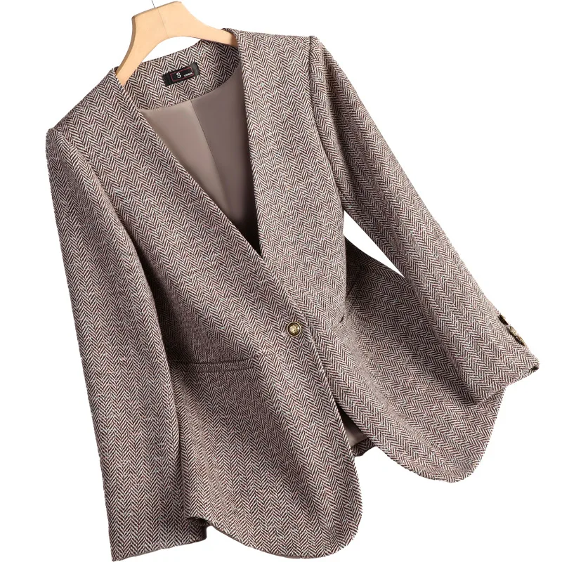Gray Wool Blazer Women Autumn Winter Jacket Herringbone Pattern Collarless Casual Woolen Suit Ladies Formal Office Blazer Top